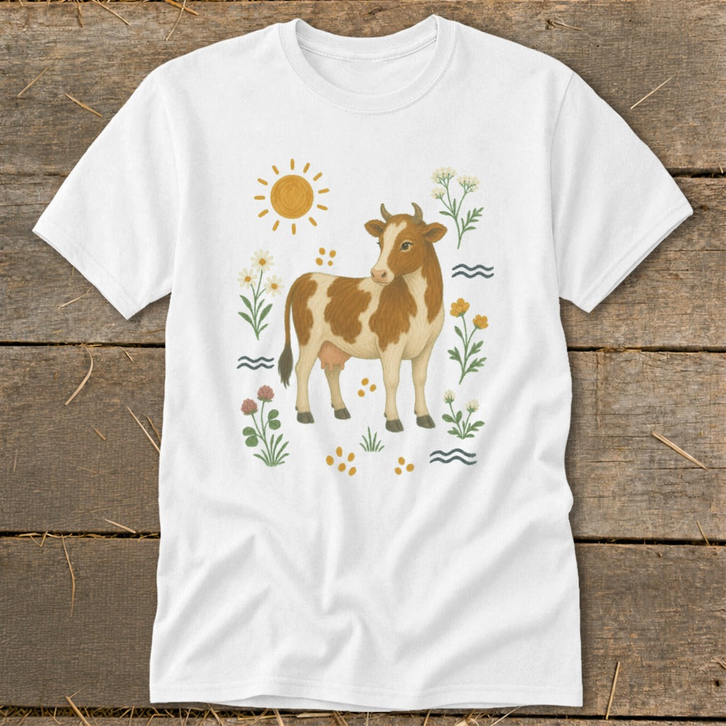 White t-shirt with brown and white cow and floral illustration.
