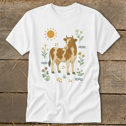 White t-shirt with brown and white cow and floral illustration.