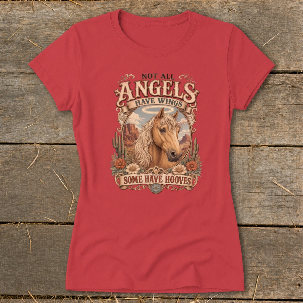 Red t-shirt with graphic of a horse in a desert landscape with text "Not All Angels Have Wings Some Have Hooves".