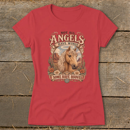 Red t-shirt with graphic of a horse in a desert landscape with text "Not All Angels Have Wings Some Have Hooves".