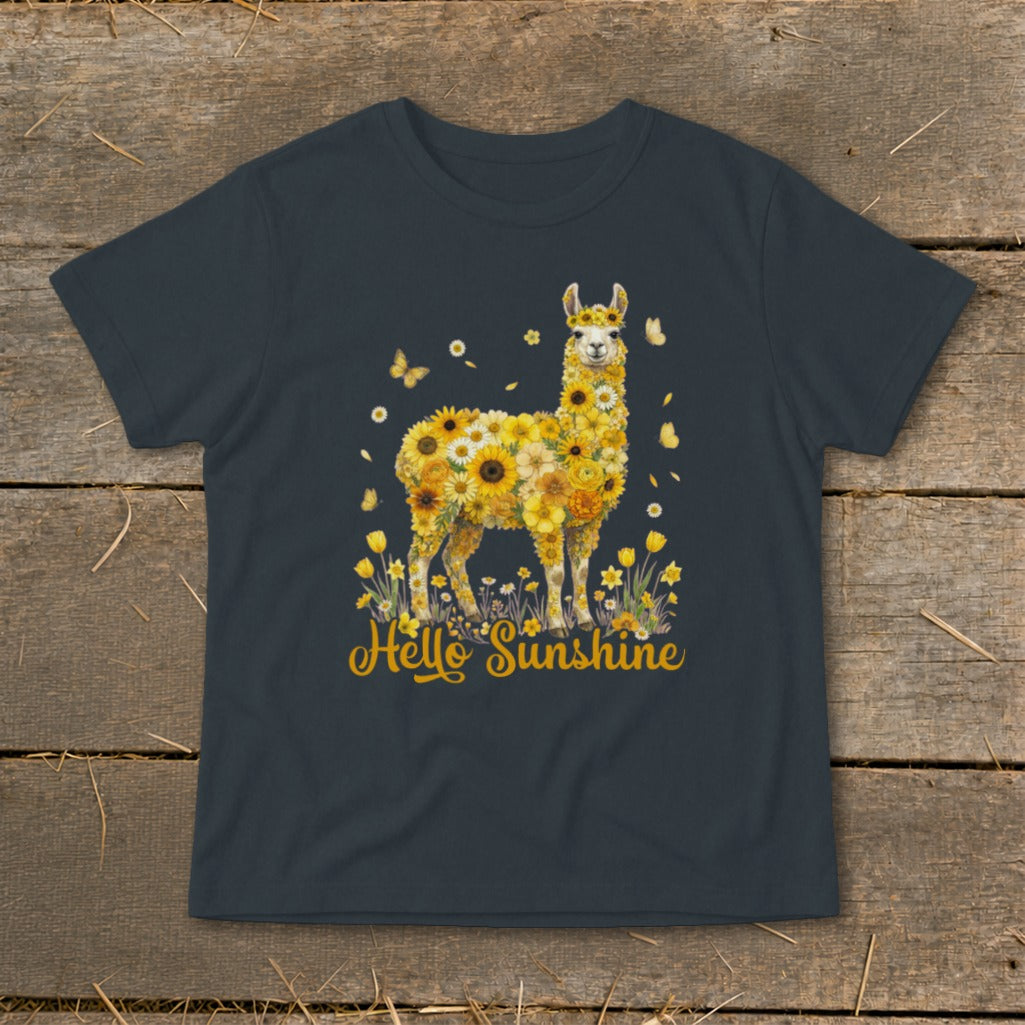Llama made of yellow flowers with butterflies and "Hello Sunshine" text.