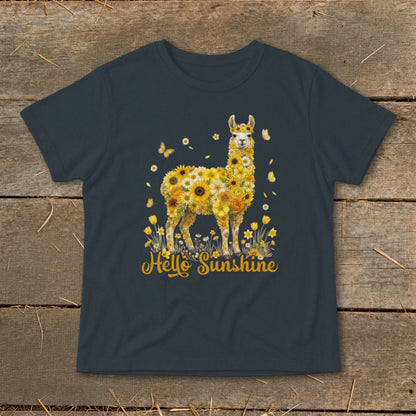Llama made of yellow flowers with butterflies and "Hello Sunshine" text.