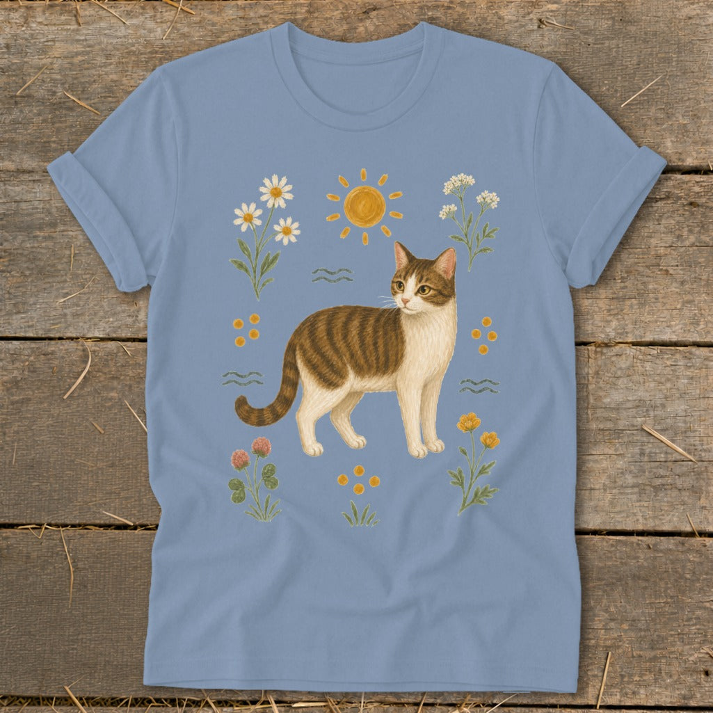 T-shirt with a tabby cat illustration surrounded by flowers and the sun.