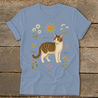 T-shirt with a tabby cat illustration surrounded by flowers and the sun.