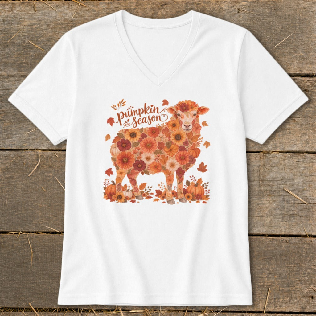 White v-neck t-shirt with a floral sheep graphic and "Pumpkin Season" text.