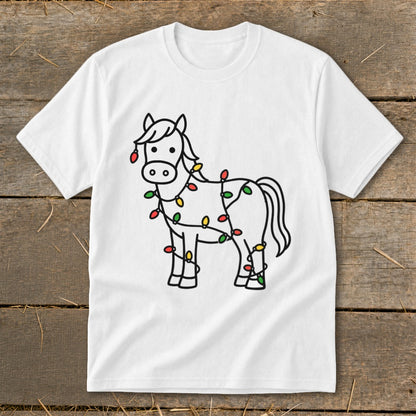 White t-shirt with a black outline drawing of a horse wrapped in colorful Christmas lights.