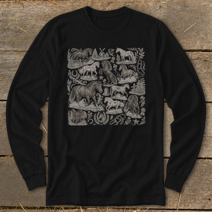 Black long-sleeve shirt with a vintage-style horse and western motif print.