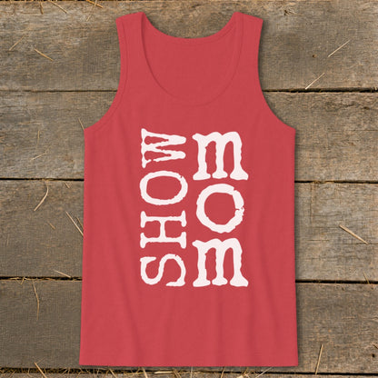 Red tank top with "SHOW MOM" text in distressed white font.