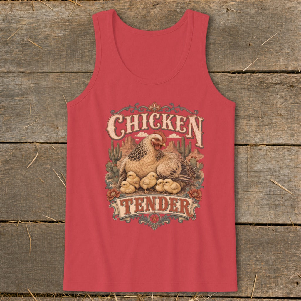 Red tank top with "Chicken Tender" graphic of hen and chicks in desert setting.