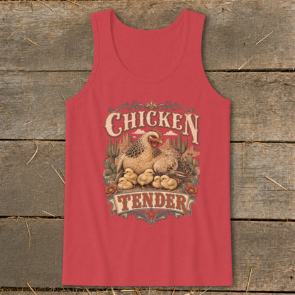 Red tank top with "Chicken Tender" graphic of hen and chicks in desert setting.