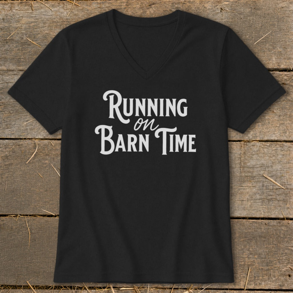 Black t-shirt with white text reading "Running on Barn Time".