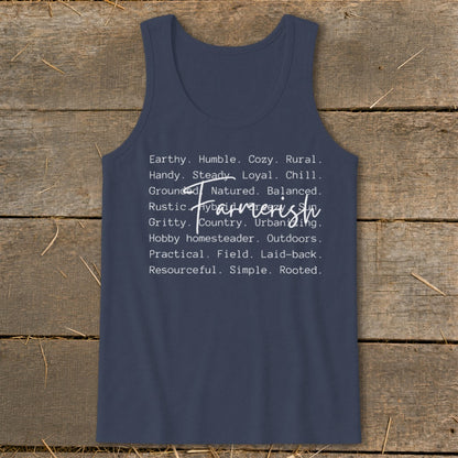 Navy tank top with "Farmerish" text and list of descriptive words.