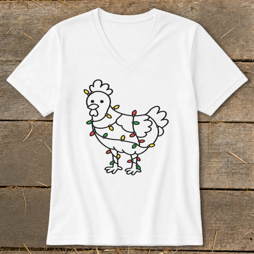 White v-neck t-shirt with a black line drawing of a chicken wrapped in colorful Christmas lights.