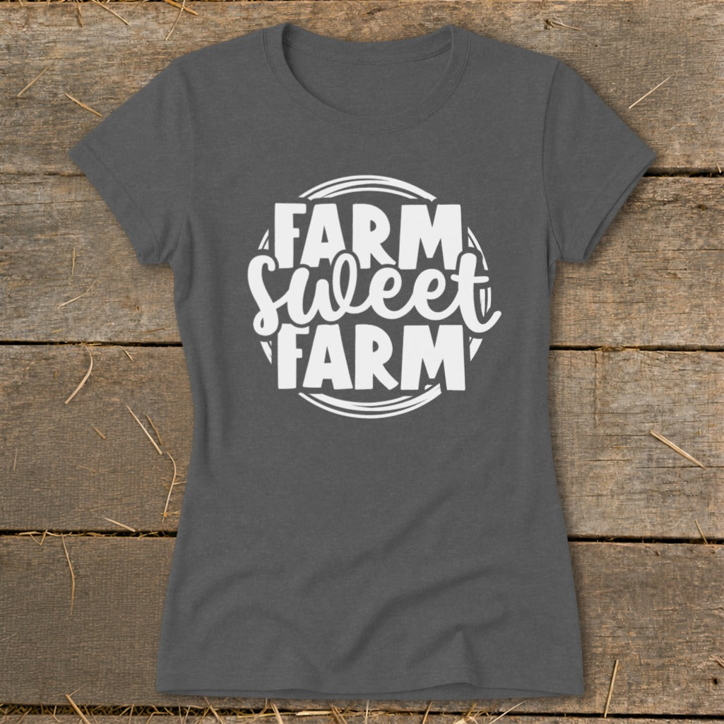 Dark grey t-shirt with white text that reads "Farm Sweet Farm" inside a circle.