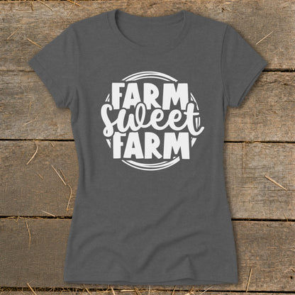 Dark grey t-shirt with white text that reads "Farm Sweet Farm" inside a circle.