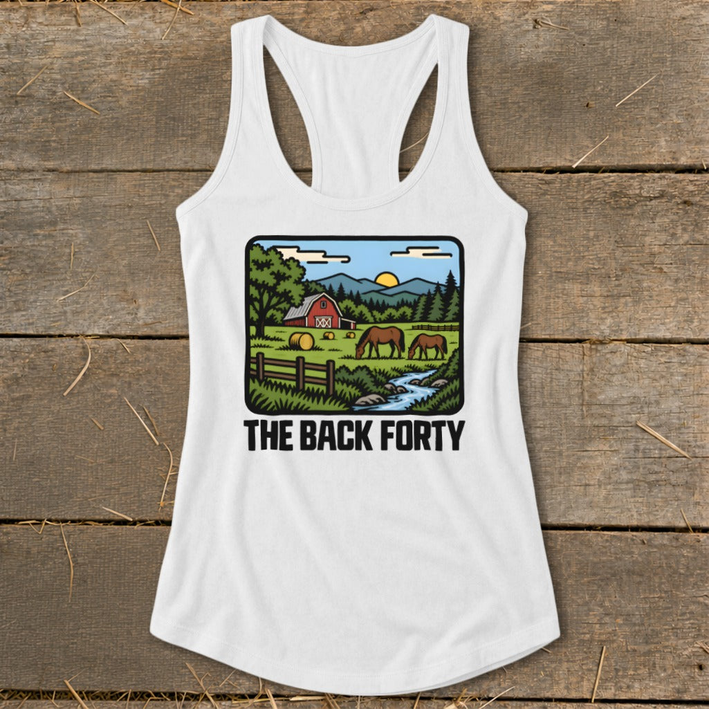 White racerback tank top featuring a graphic of a rural farm scene and the text THE BACK FORTY.