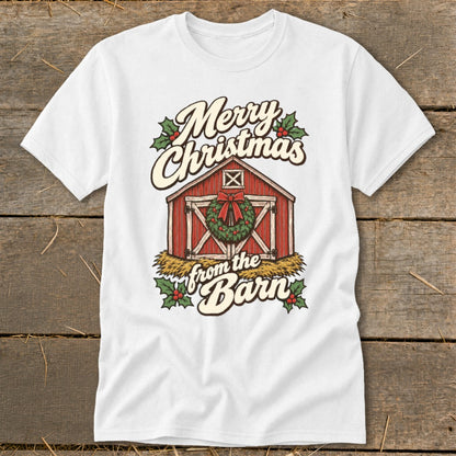White t-shirt with "Merry Christmas from the Barn" text and a red barn graphic.