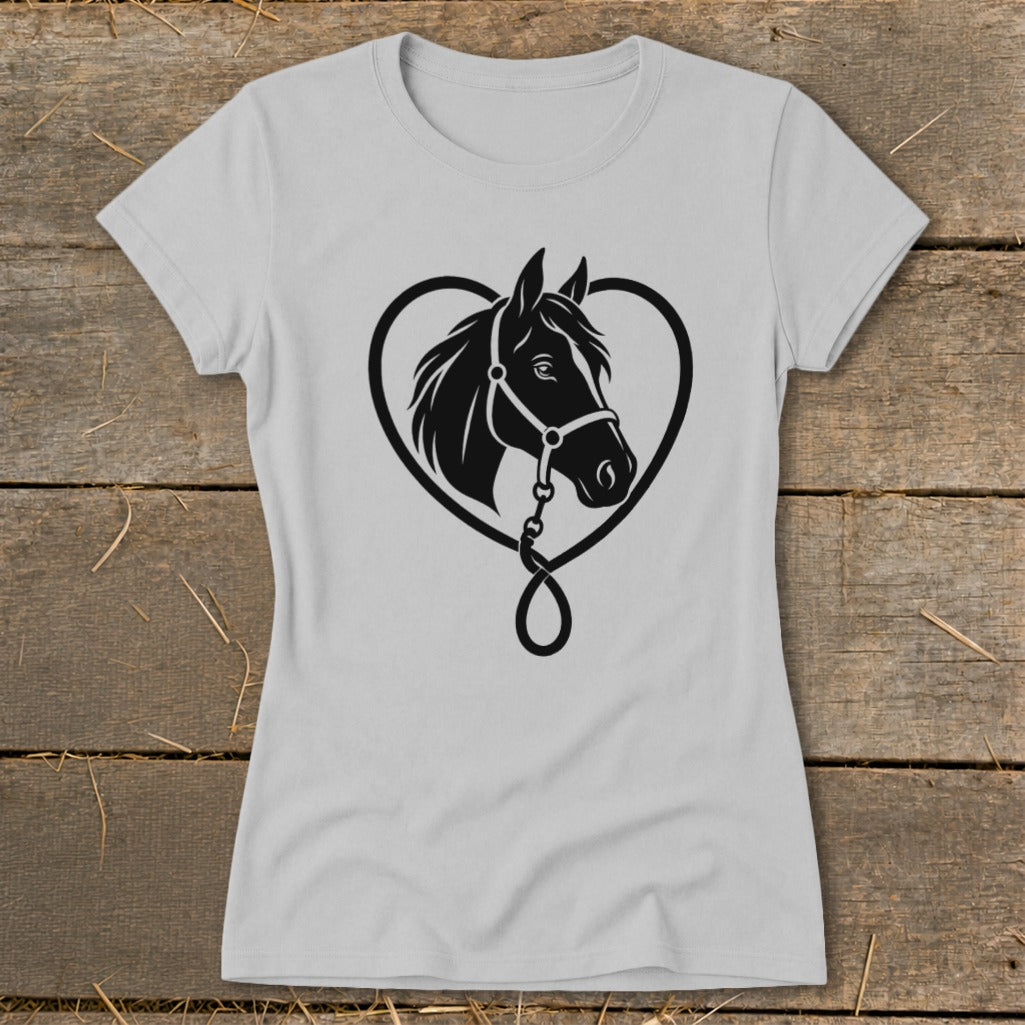 Light gray short-sleeved t-shirt featuring a black graphic of a horse head inside a heart.