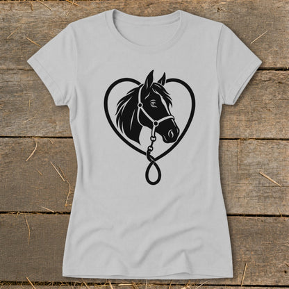 Light gray short-sleeved t-shirt featuring a black graphic of a horse head inside a heart.