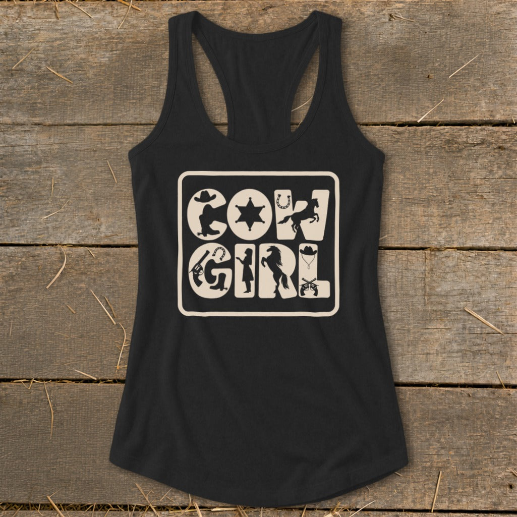 Black tank top with "COW GIRL" text and Western-themed graphics.