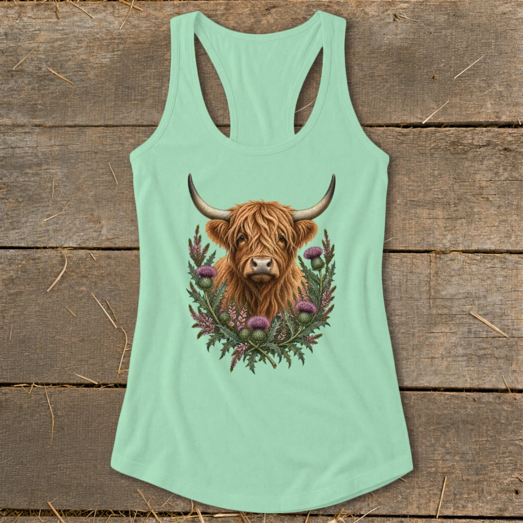 Highland cow portrait surrounded by thistles on a mint green tank top.