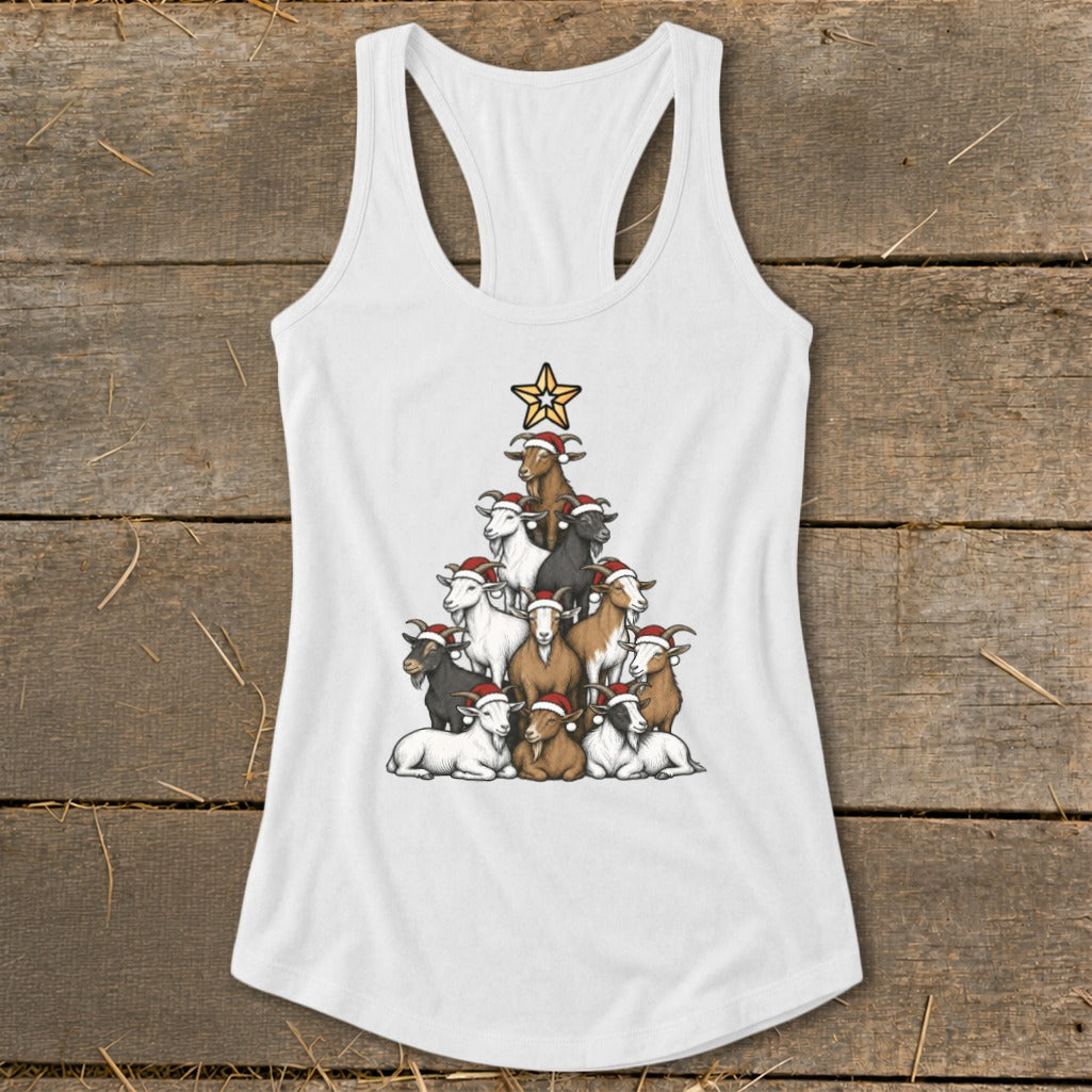 White tank top with a Christmas tree made of goats wearing Santa hats.