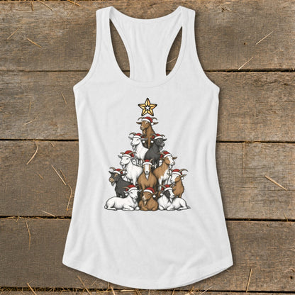 White tank top with a Christmas tree made of goats wearing Santa hats.