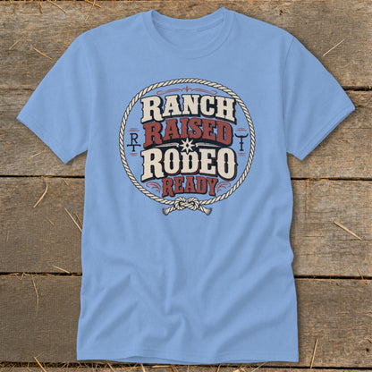Light blue t-shirt with circular graphic: "Ranch Raised Rodeo Ready".