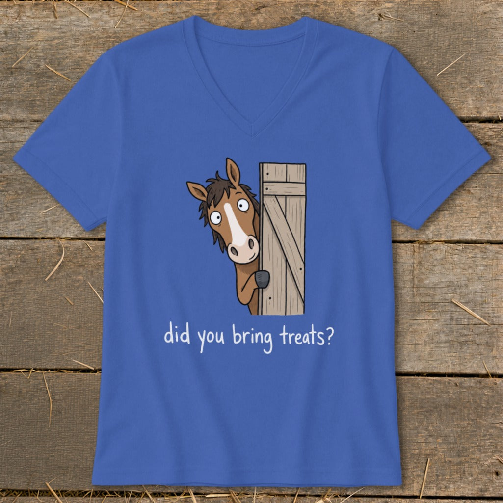 Blue t-shirt with cartoon horse peeking from barn door asking "did you bring treats?"