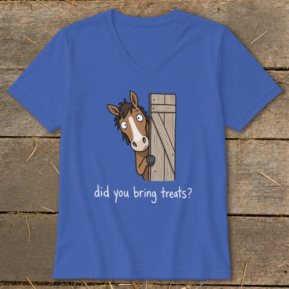 Blue t-shirt with cartoon horse peeking from barn door asking "did you bring treats?"