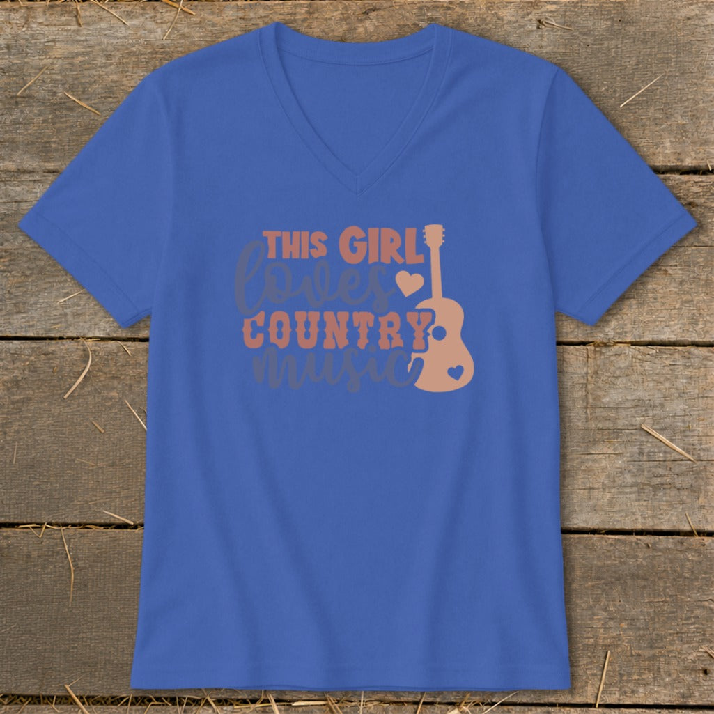 Blue t-shirt with "This Girl Loves Country Music" text and guitar graphic.