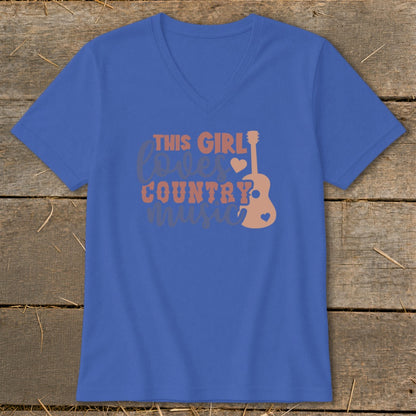 Blue t-shirt with "This Girl Loves Country Music" text and guitar graphic.