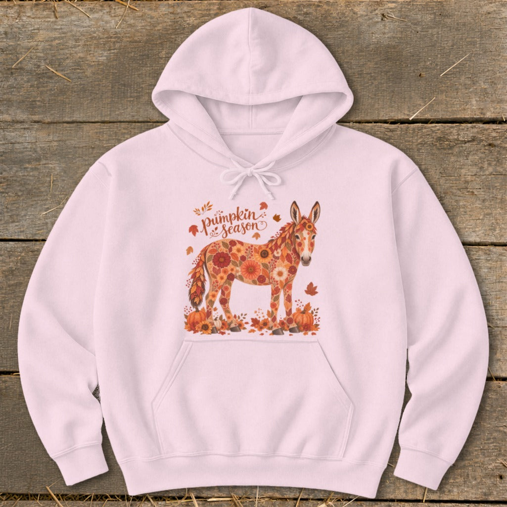 Pink hoodie with a floral donkey and "Pumpkin Season" text.