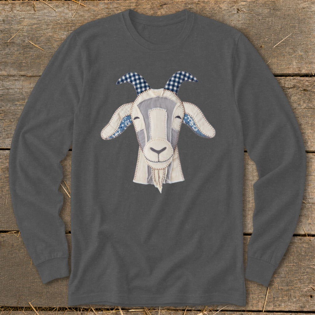 Dark gray long sleeve shirt with a stitched goat face applique.