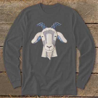 Dark gray long sleeve shirt with a stitched goat face applique.