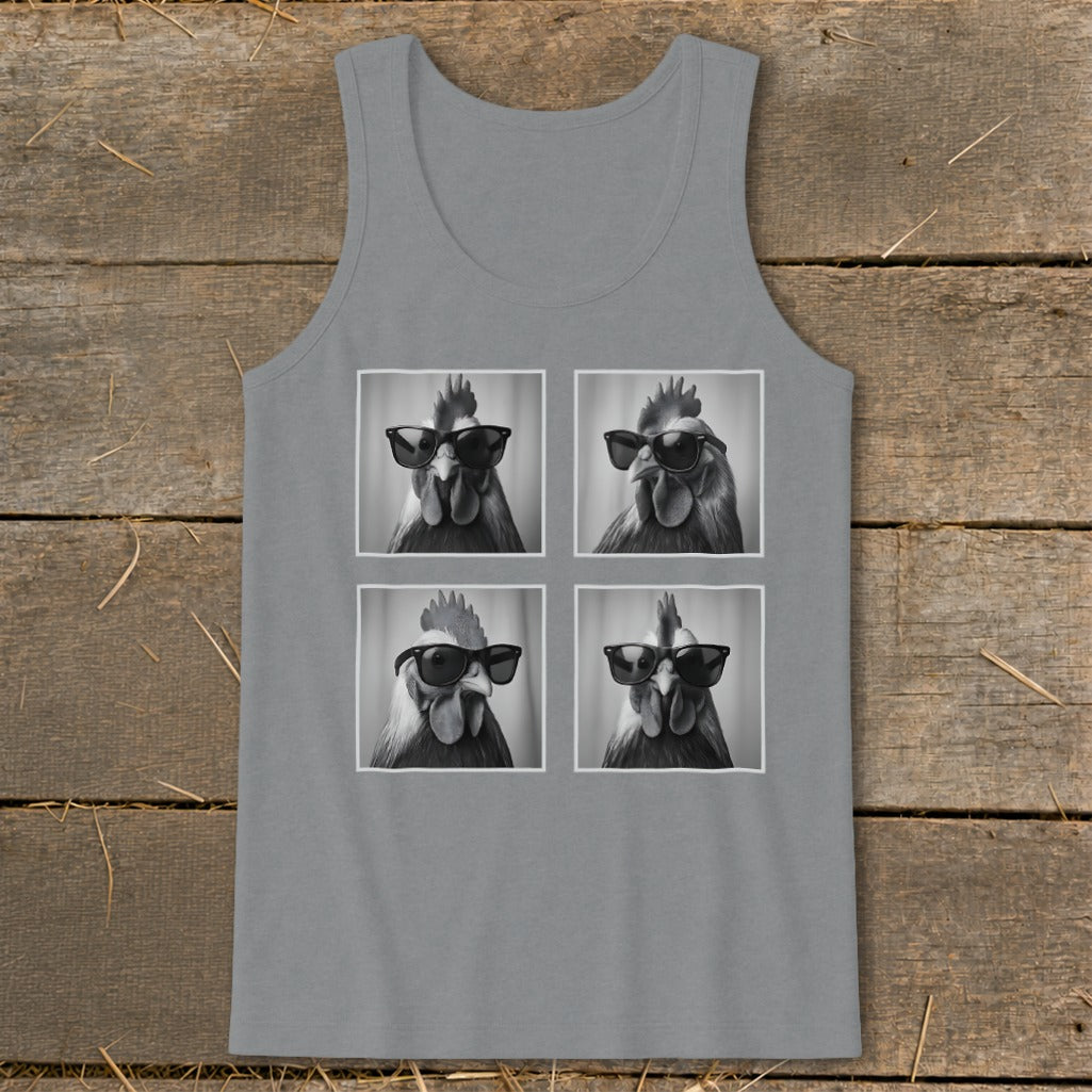 Gray tank top with four black and white images of roosters wearing sunglasses.