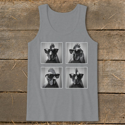 Gray tank top with four black and white images of roosters wearing sunglasses.