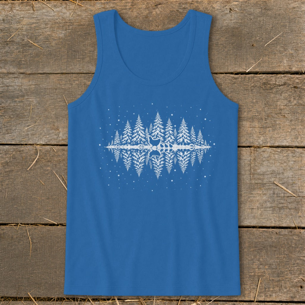 Blue tank top with white forest and deer graphic reflected in water.