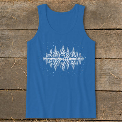 Blue tank top with white forest and deer graphic reflected in water.