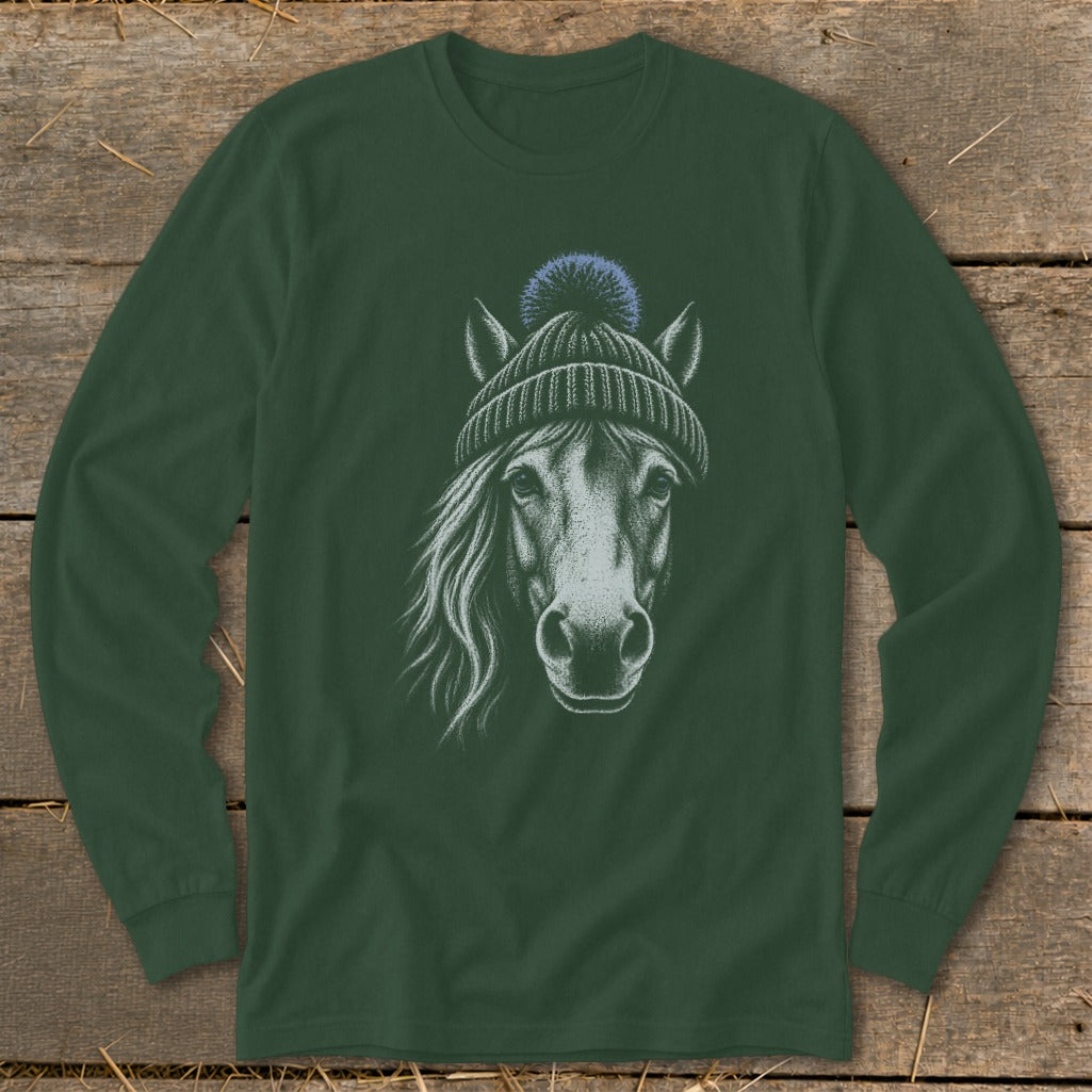 Green long-sleeve shirt with a sketch of a horse wearing a beanie.