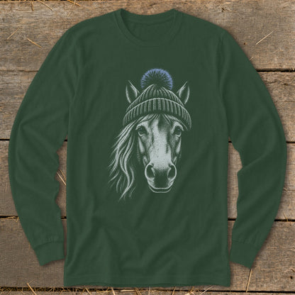 Green long-sleeve shirt with a sketch of a horse wearing a beanie.