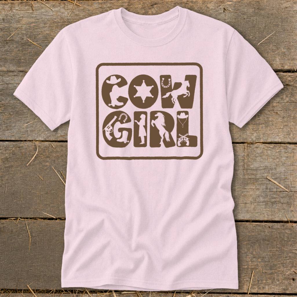 Pink t-shirt with "COWGIRL" text made of cowboy-themed icons.