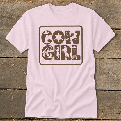Pink t-shirt with "COWGIRL" text made of cowboy-themed icons.