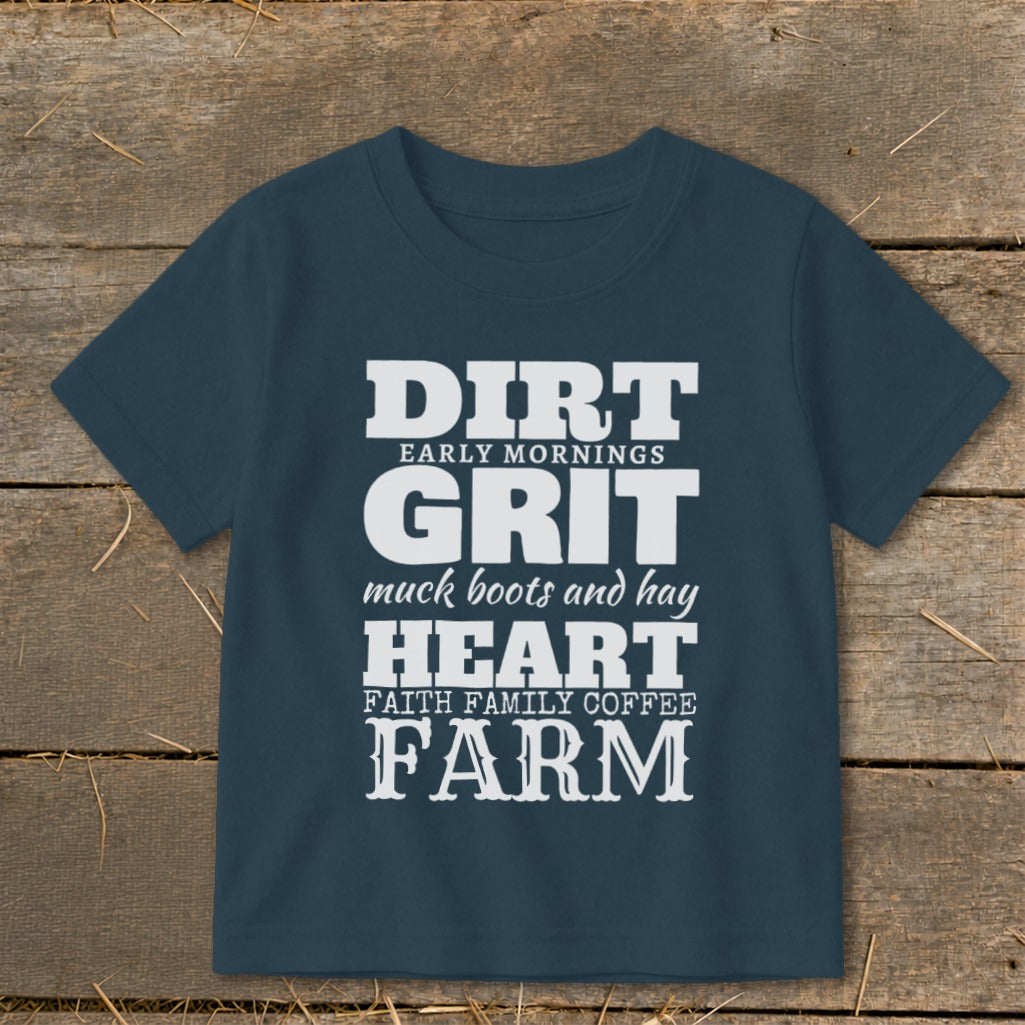 Navy t-shirt with white text: DIRT, EARLY MORNINGS, GRIT, muck boots and hay, HEART, FAITH FAMILY COFFEE, FARM.