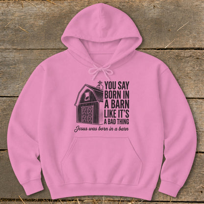 Pink hoodie with barn graphic and text "You say born in a barn like it's a bad thing. Jesus was born in a barn".