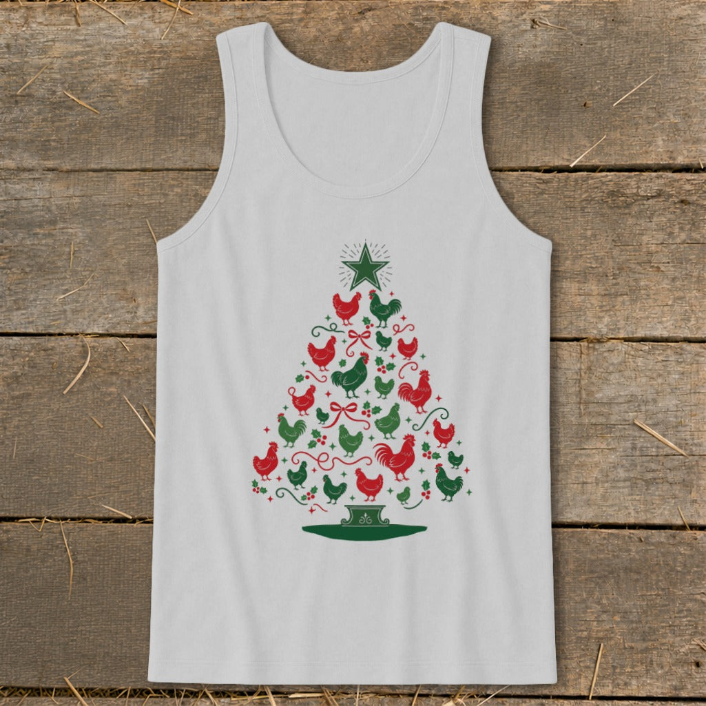 White tank top with a Christmas tree made of red and green chickens and stars.
