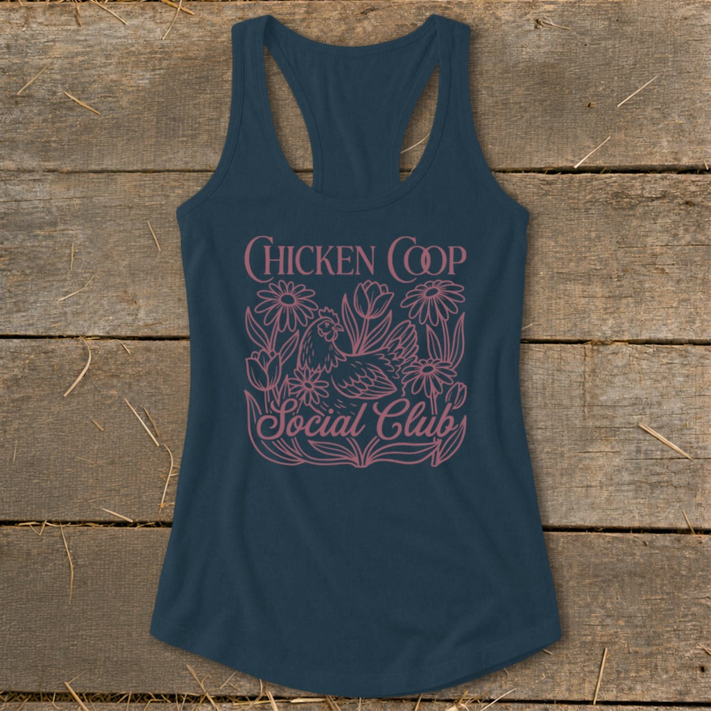 Navy tank top with "Chicken Coop Social Club" text and floral chicken graphic.