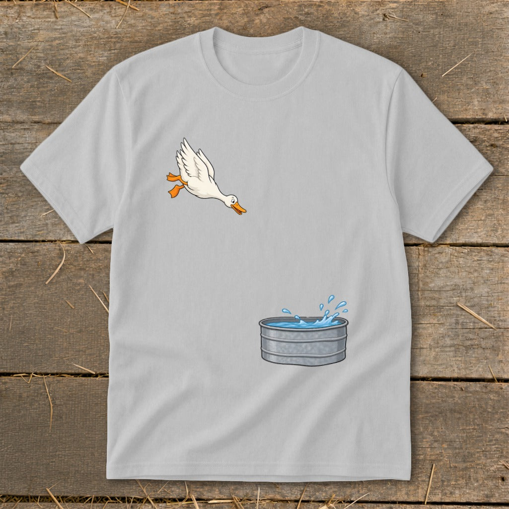 White duck flying above a metal tub with splashing water.