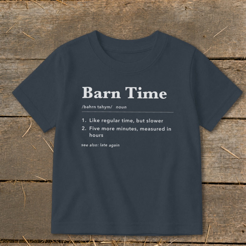 Dark blue t-shirt with "Barn Time" definition printed in white text.