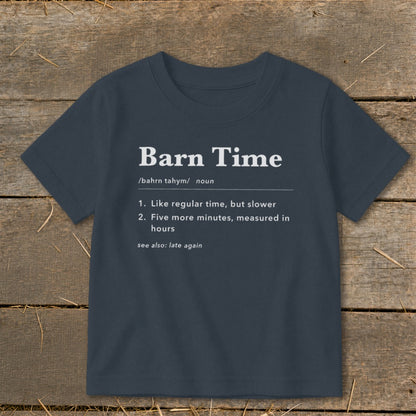 Dark blue t-shirt with "Barn Time" definition printed in white text.